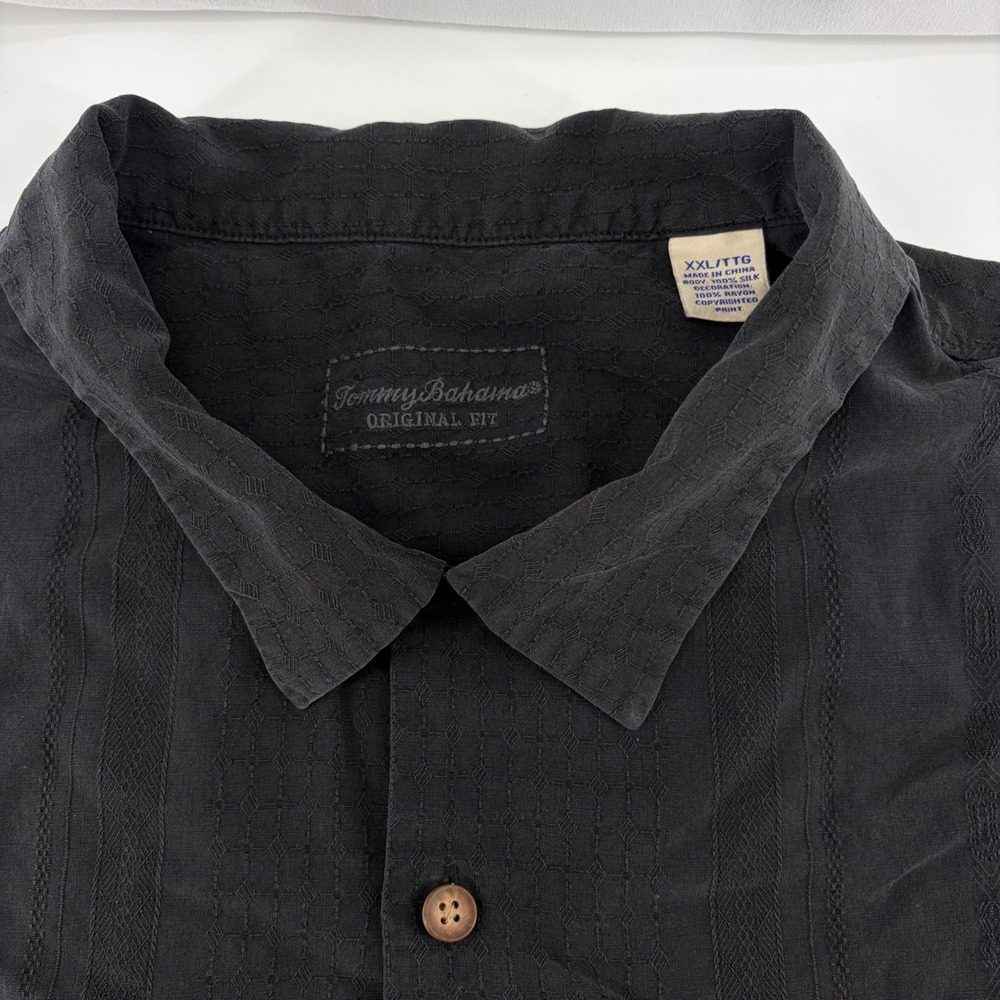 Tommy Bahama Silk Shirt XXL Black You Say Goodbye I Say Merlot Wine Embroidered